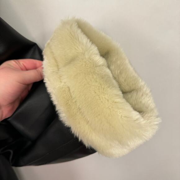 Miletta Black Cream Vegan Faux Leather Fur Trim Lined Zip Bomber Jacket Sz XL - Picture 5 of 15